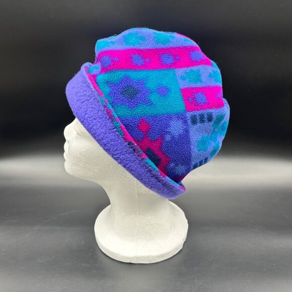 Vintage Winter Hat 90s Turtle Fur USA Fleece Purple Blue Retro Beanie Toboggan - Picture 2 of 10